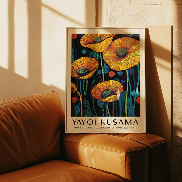 Graphic Art of Poppies featuring large blooms and striped stems.