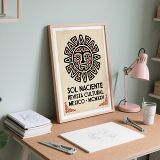 Radial geometric sun motif poster print with corner flourishes