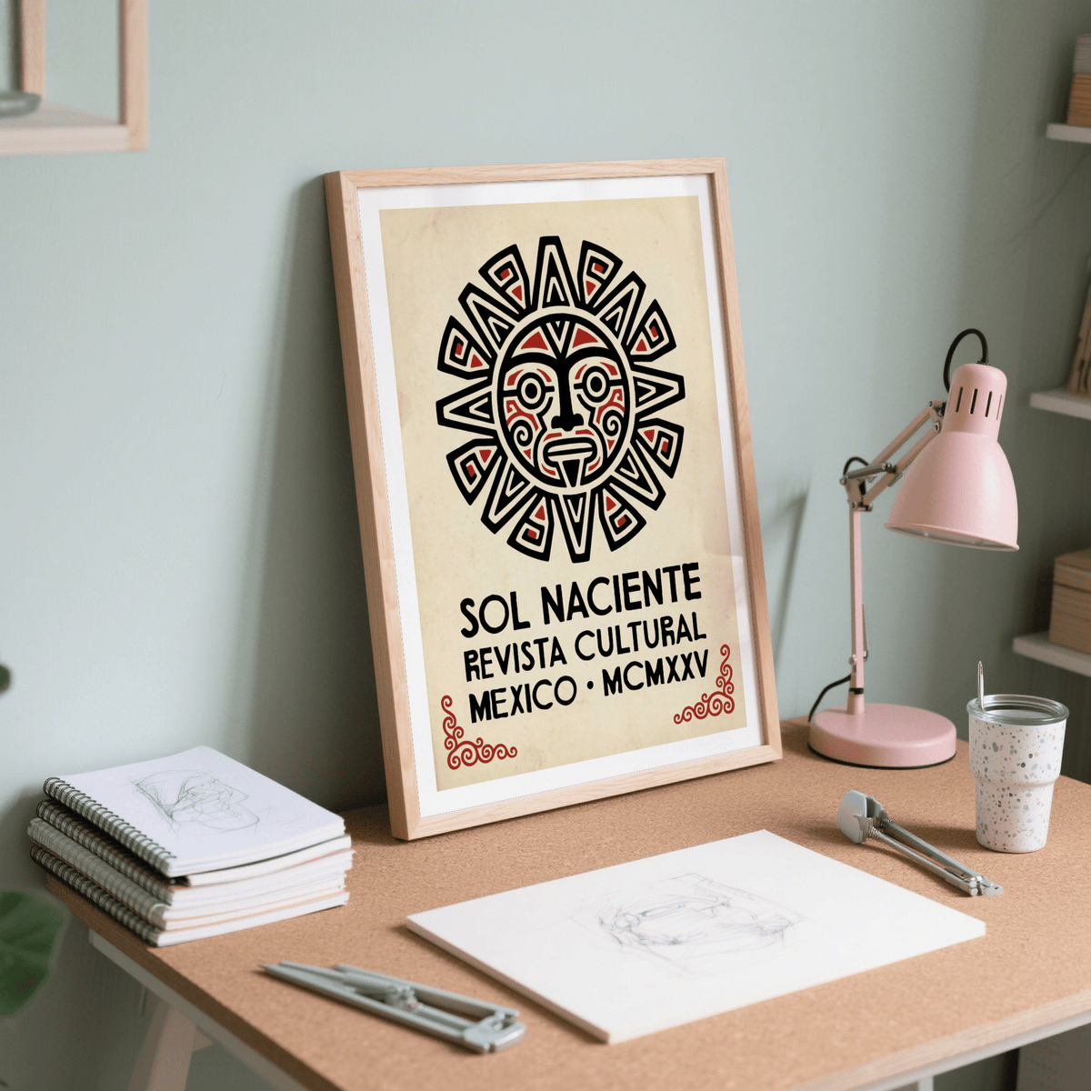 Radial geometric sun motif poster print with corner flourishes