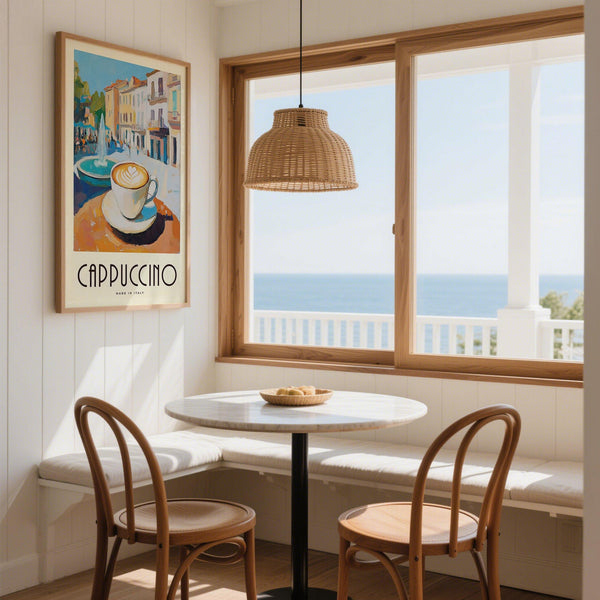 Watercolor Kitchen Art showing cup of coffee and European plaza