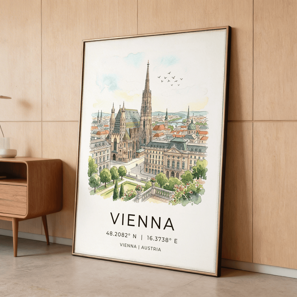 Top section of travel poster print with birds over Vienna architectural cityscape