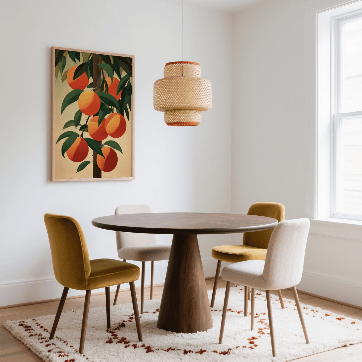 Vibrant Orange Tree Art Print for rustic kitchen, green and brown colors