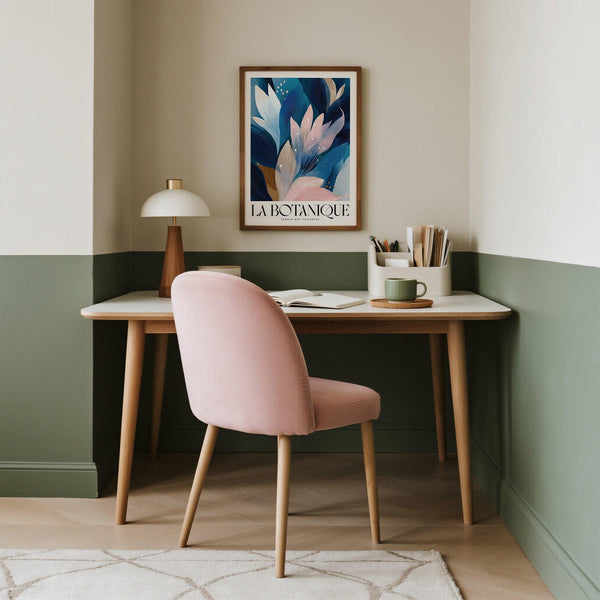 Abstract botanical art print with layered natural forms in blue and beige