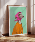 Charming Greyhound Poster, green background for pet lover's room wall art