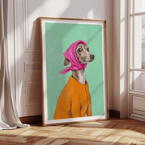 Charming Greyhound Poster, green background for pet lover's room wall art