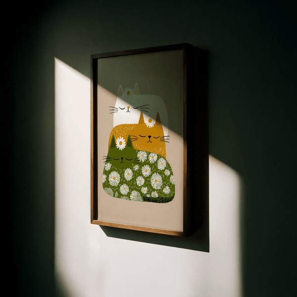 Sleeping Cats Art Print with playful cats, suitable for cozy reading nooks