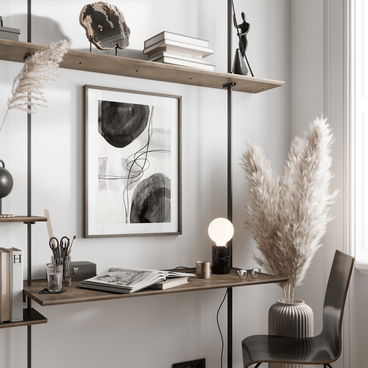 Black and White Wall Art featuring abstract circles and linear marks