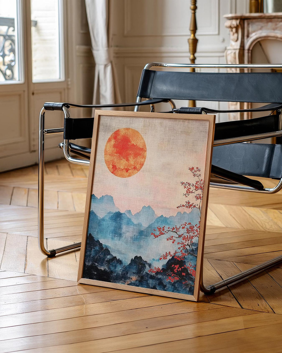 Wabi sabi Japanese Mountain Art showing a red sun rising over hazy hills.