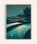 Moonlit terraced rice fields wall art poster with torii gate and hillside trees