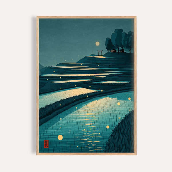 Moonlit terraced rice fields wall art poster with torii gate and hillside trees