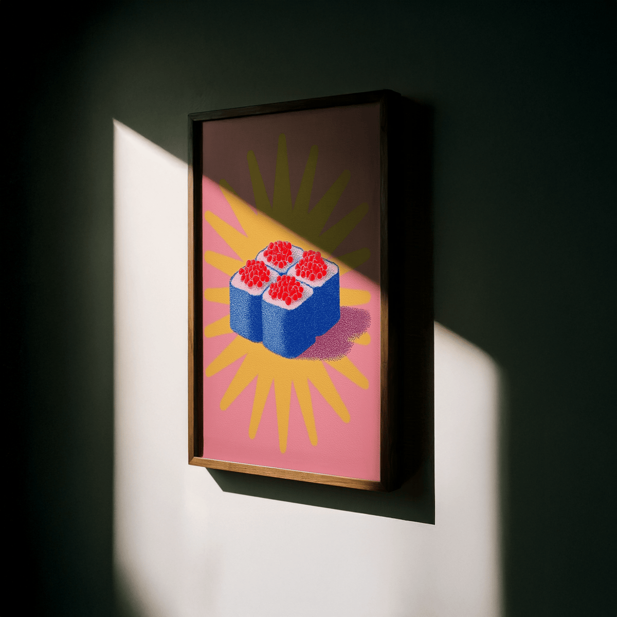 Playful Sushi Poster, perfect in Blue, Yellow, Pink for living room