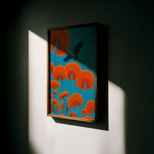 Japandi Bird Print with Blue and Red accents, serene hallway wall art