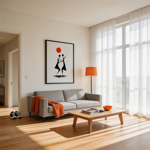 Graphic poster print with stick-like dancers and a bold circular sun