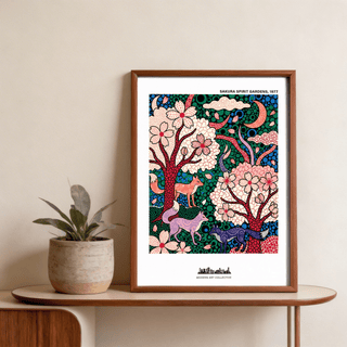 Illustrated sakura garden poster with cherry blossoms, crescent moon, and repeating circle pattern