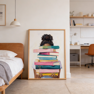 Stacked books illustration poster with hands at the bottom supporting the pile and minimal background space