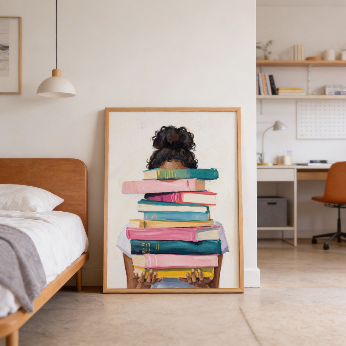 Stacked books illustration poster with hands at the bottom supporting the pile and minimal background space