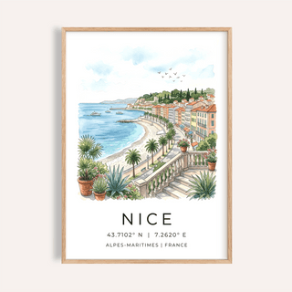 Nice Coastal Art Print showing palm-lined promenade from terrace view
