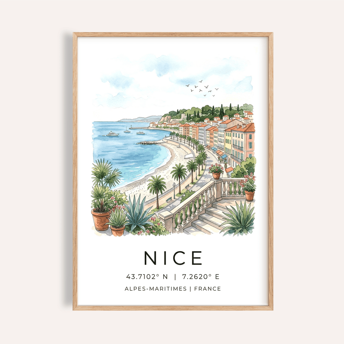 Nice Coastal Art Print showing palm-lined promenade from terrace view