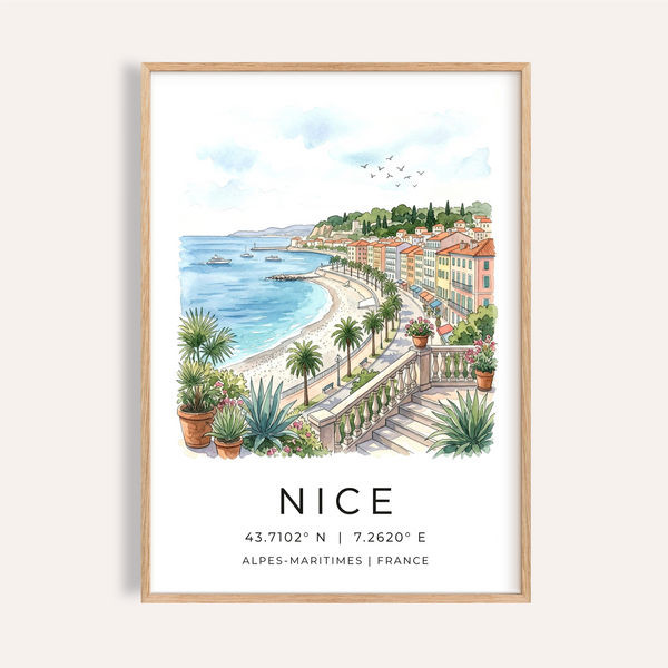 Nice Coastal Art Print showing palm-lined promenade from terrace view