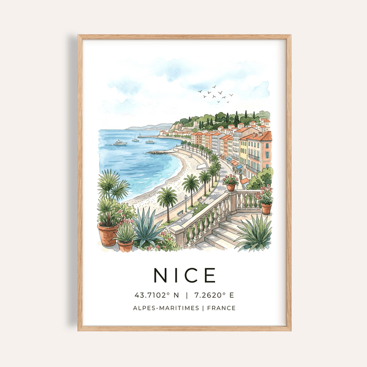 Nice Coastal Art Print showing palm-lined promenade from terrace view