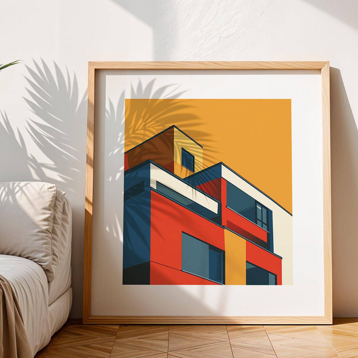Framed modernist building print with red, blue and ochre geometric shapes leaning against a white wall