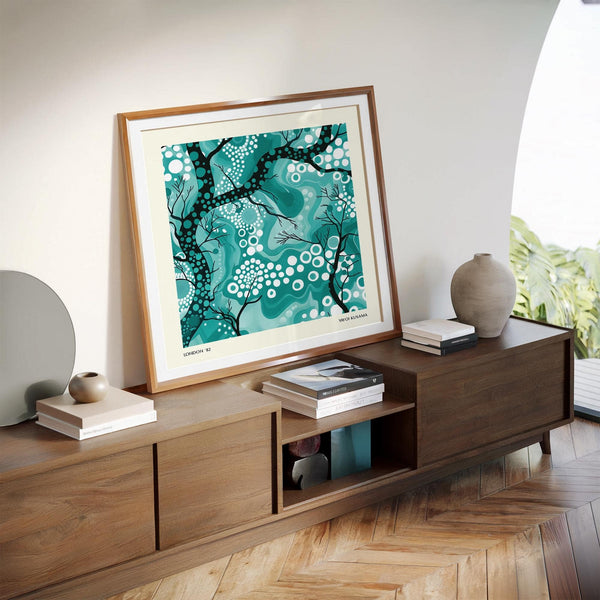 Teal abstract wall art in minimalist style with flowing natural elements