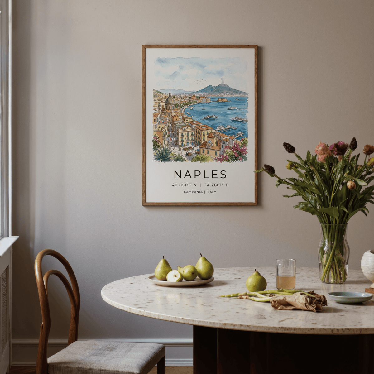 Detail view of Naples City Art Print typography margin with coordinates