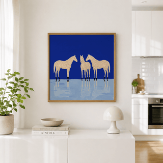 Balanced three-horse wall art print with mirrored shapes below the legs