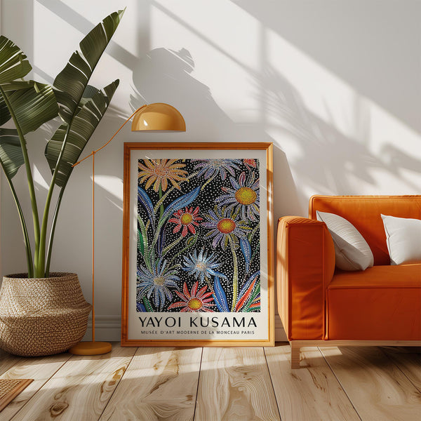 Floral pop art print bursting with vibrant color and rhythmic patterns.
