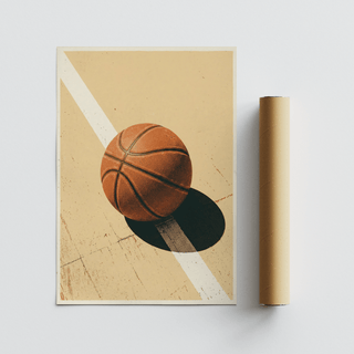 Sports Wall Art print showing a basketball on a court line with crisp seams and heavy shadow