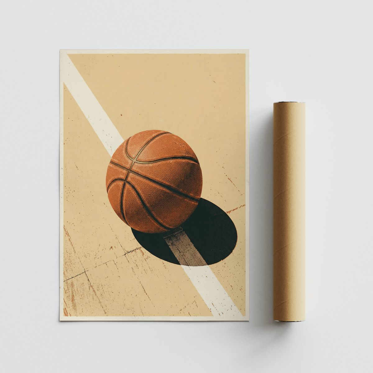 Sports Wall Art print showing a basketball on a court line with crisp seams and heavy shadow