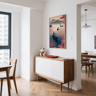 Tranquil seascape wall art with distant boats, misty mountains, and petal-like dots