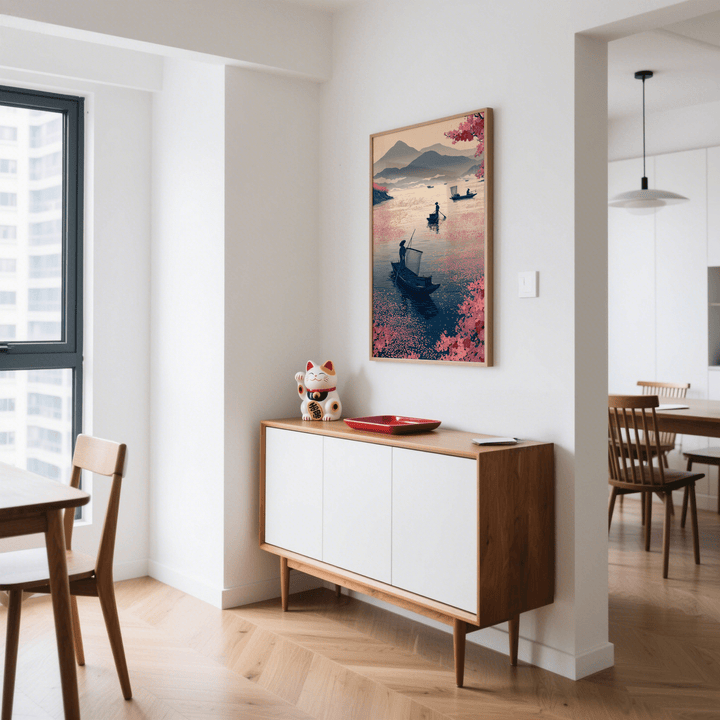 Zen Fishing Poster print of fishing boats and pink blossoms above a sideboard in a dining area
