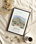 Architectural Sofia wall art with cathedral roofs, city blocks, and “SOFIA” typography