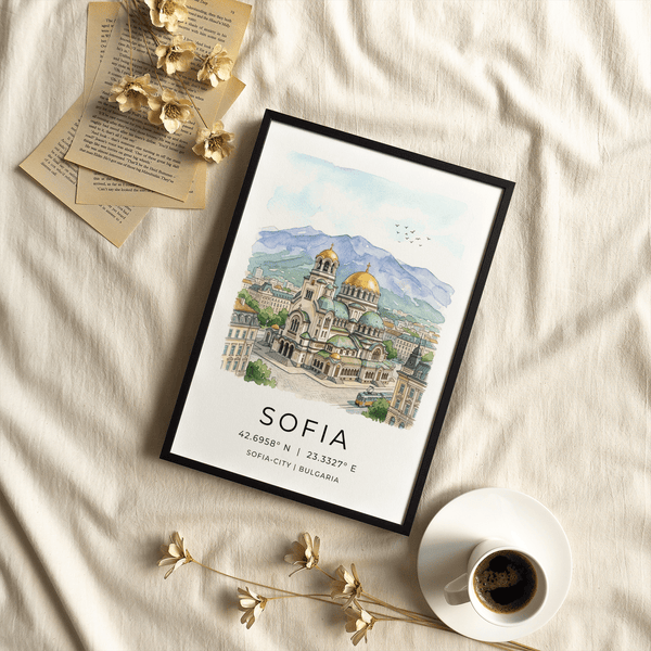 Architectural Sofia wall art with cathedral roofs, city blocks, and “SOFIA” typography