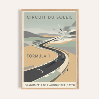 Circuit du Soleil racing track poster wall art with sweeping curve and small cars