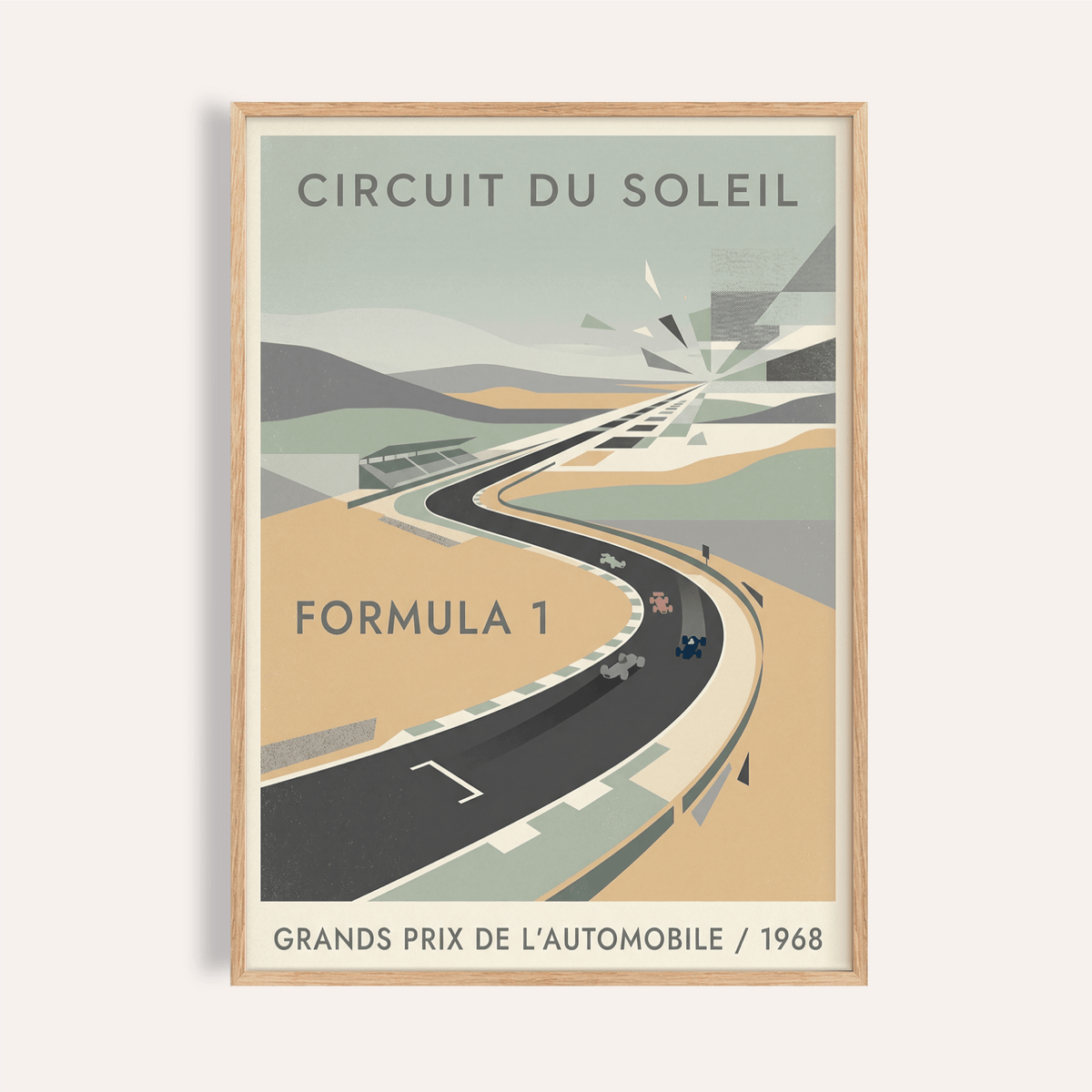 Circuit du Soleil racing track poster wall art with sweeping curve and small cars
