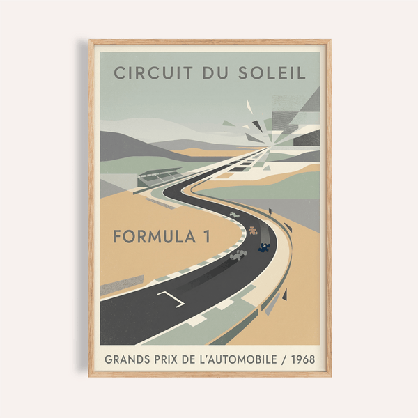 Circuit du Soleil racing track poster wall art with sweeping curve and small cars