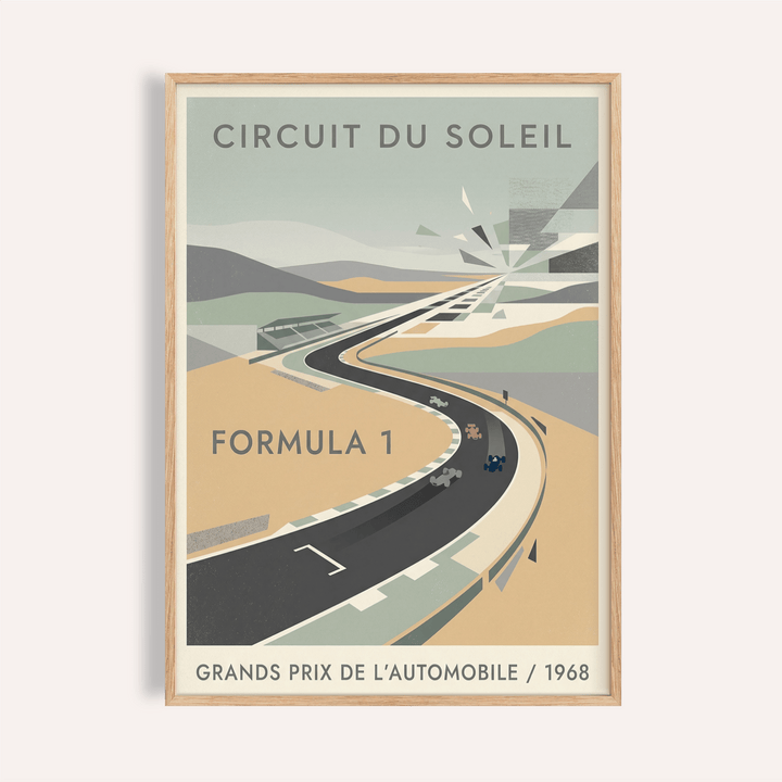 Circuit du Soleil racing track poster wall art with sweeping curve and small cars