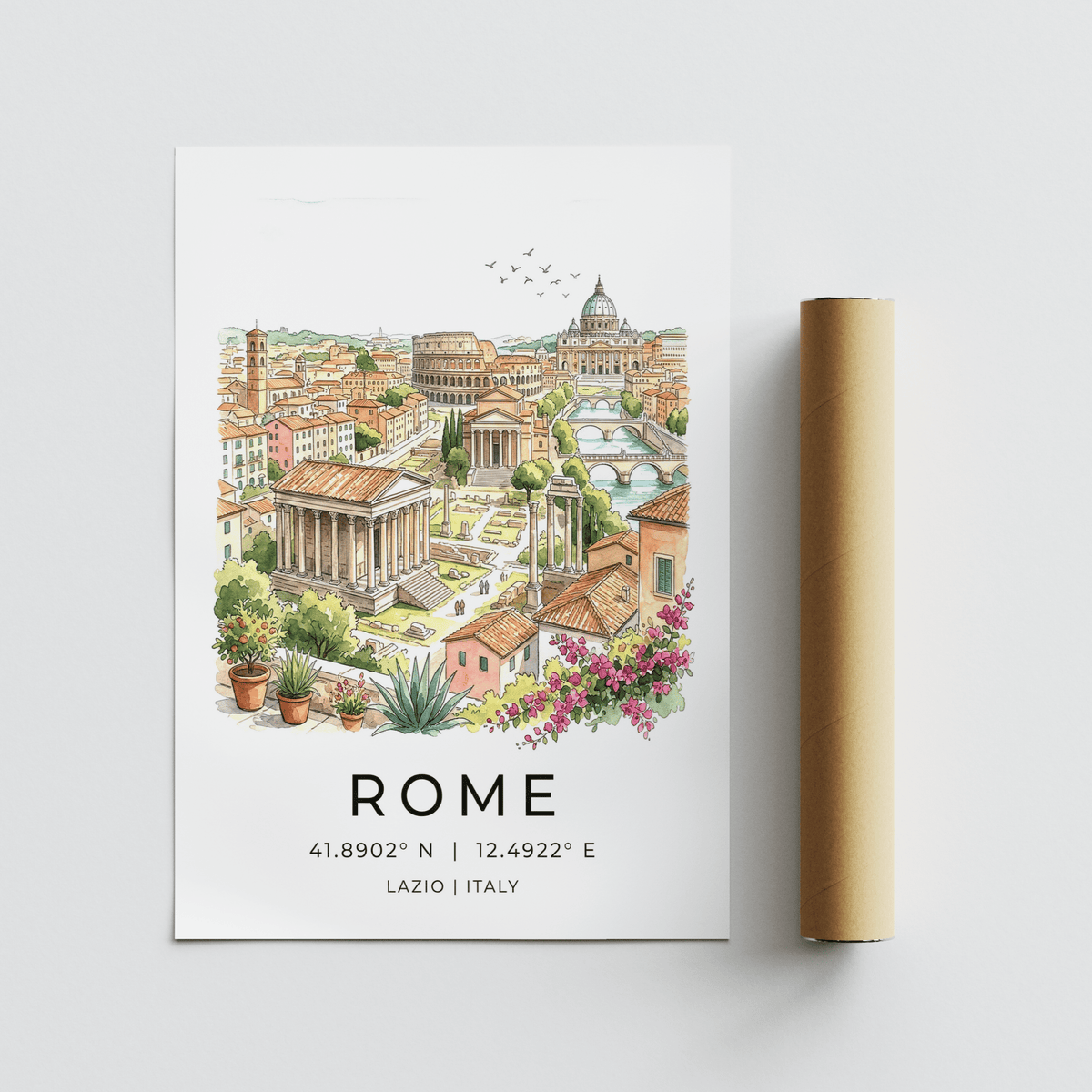 Architectural Rome art print highlighting Colosseum and temples