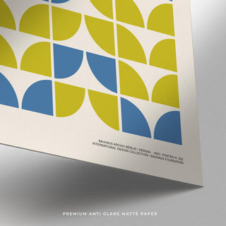 Poster with semicircular forms and sharp color contrast in modern geometric art print style.