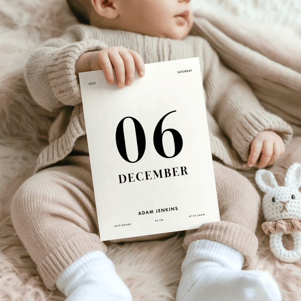 Minimalist Born This Day Custom art print in White and Black for bedroom