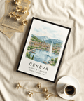 Panoramic Geneva Landscape Art Print with lakeside promenade and mountain range