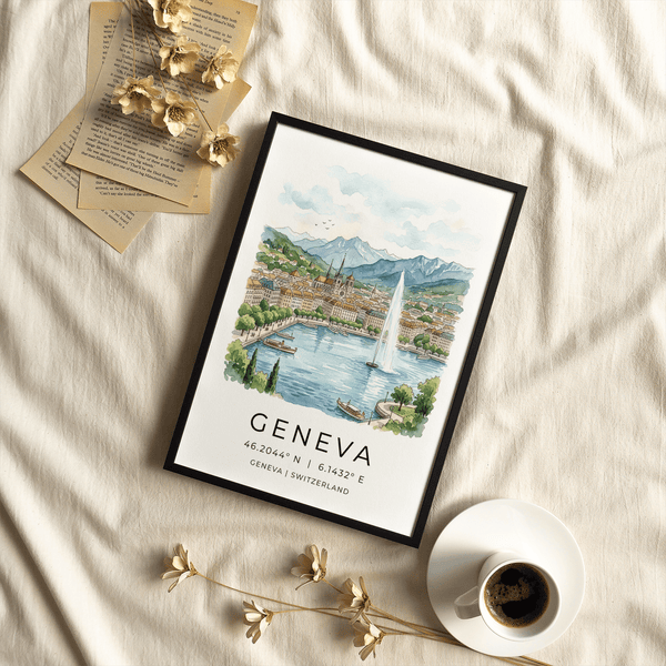 Panoramic Geneva Landscape Art Print with lakeside promenade and mountain range