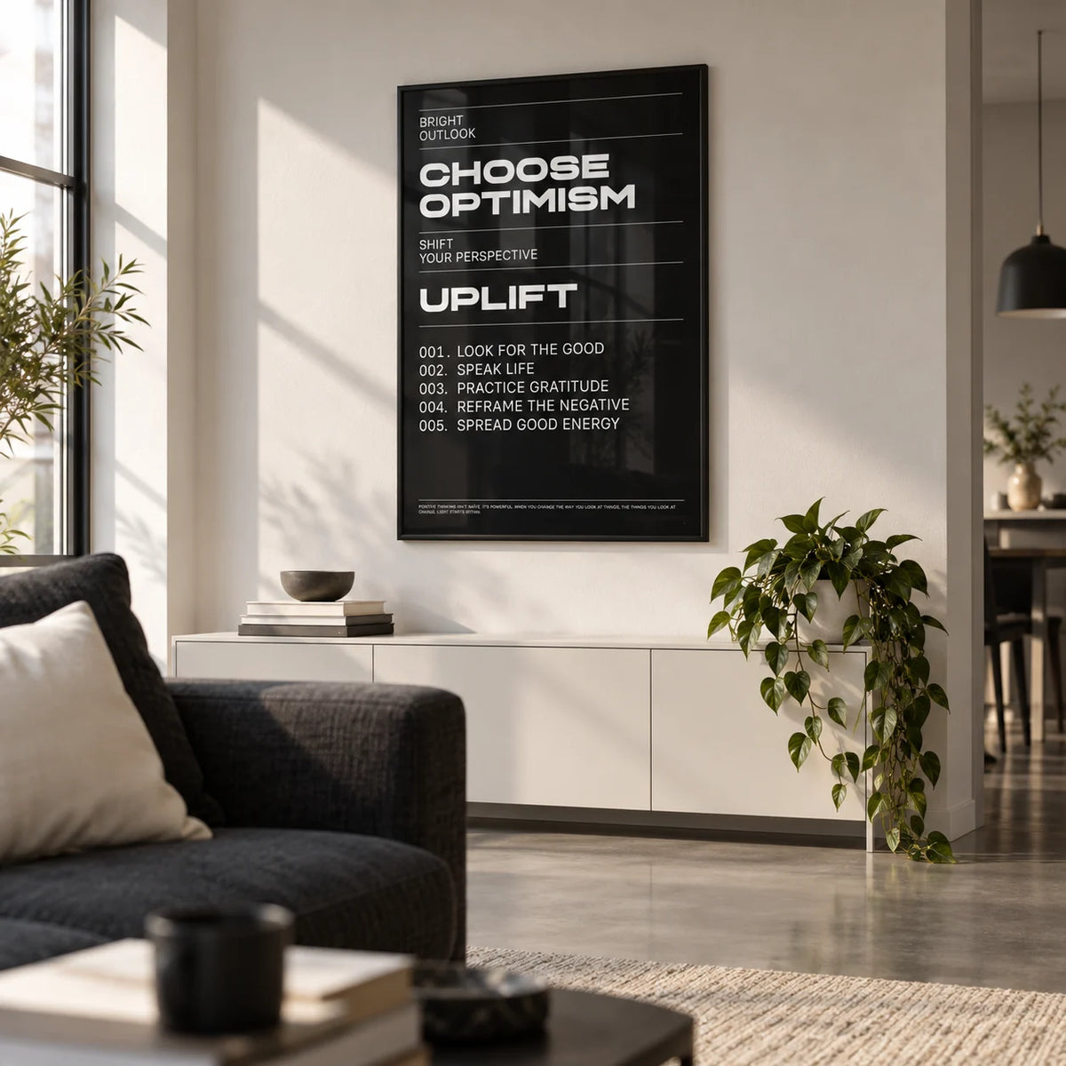 Affirmation Print, framed on the wall of a first-flat living room (22-28) in a city flat with a polished concrete floor