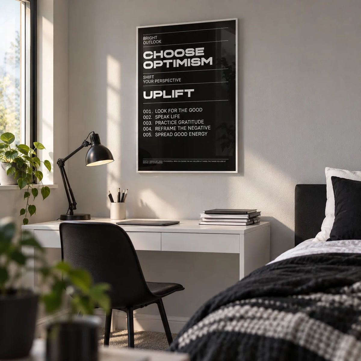 Affirmation Print, framed on the wall of a tidy older teenager's bedroom (16-17) with a light grey wall