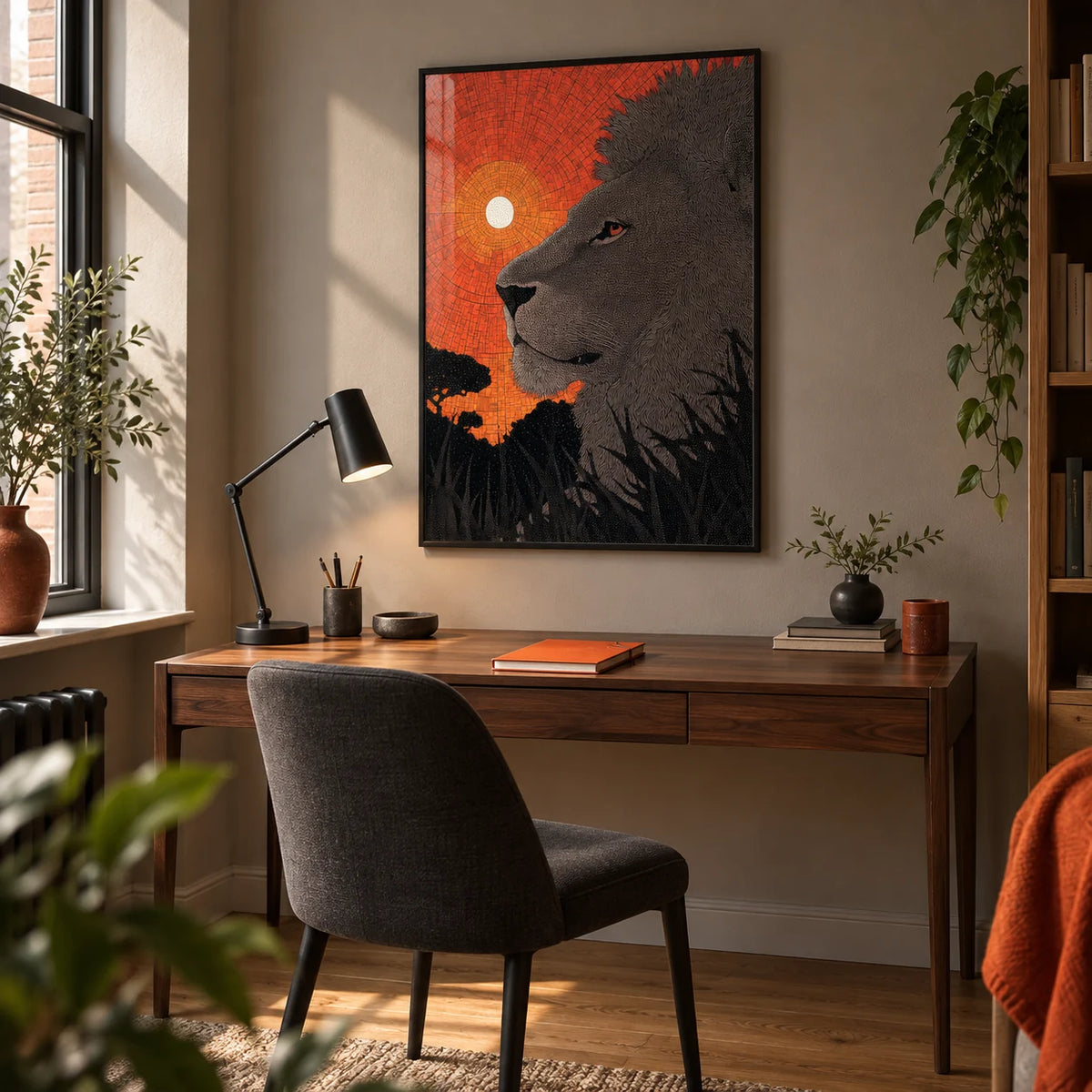African Landscape Wall Art, framed on the wall of a compact home study in a design-conscious UK flat with a warm grey wall