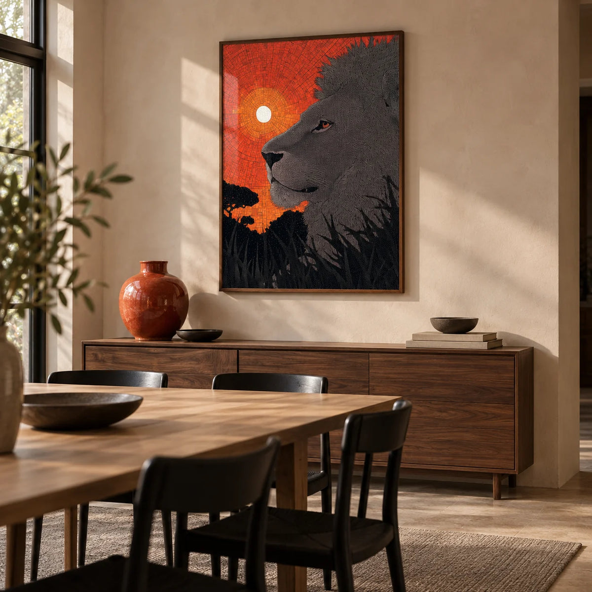 African Landscape Wall Art, framed on the wall of a contemporary dining room in a UK home with pale clay plaster walls