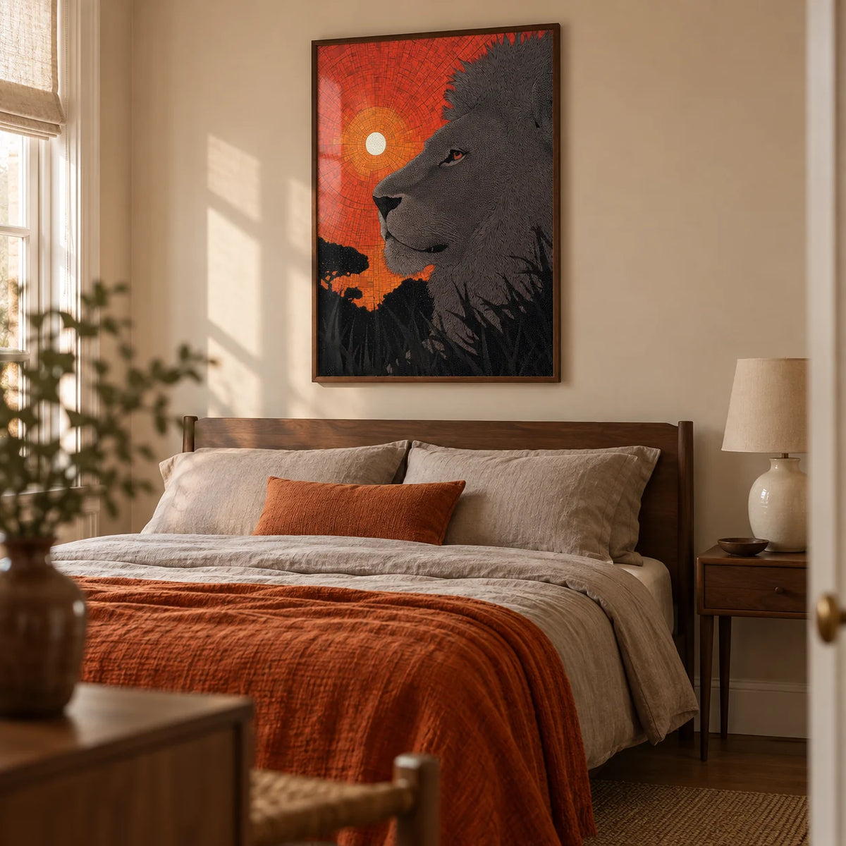 African Landscape Wall Art, framed on the wall of a restful adult bedroom in a UK terrace with a pale clay wall