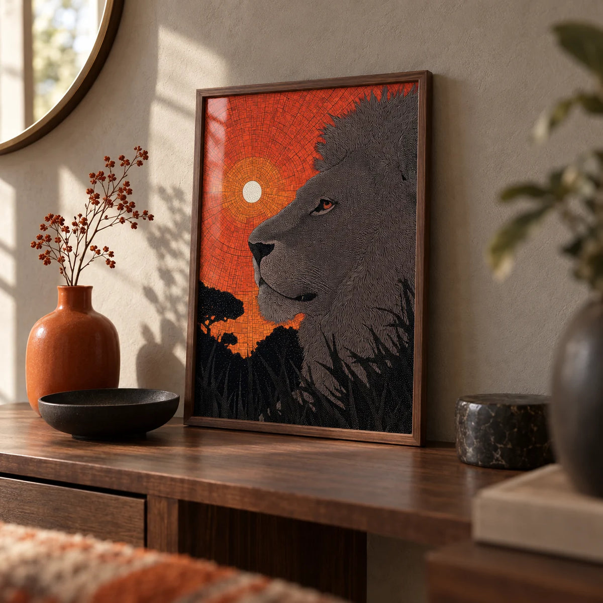 African Landscape Wall Art, a small A4 framed print leaning on a walnut hallway side table